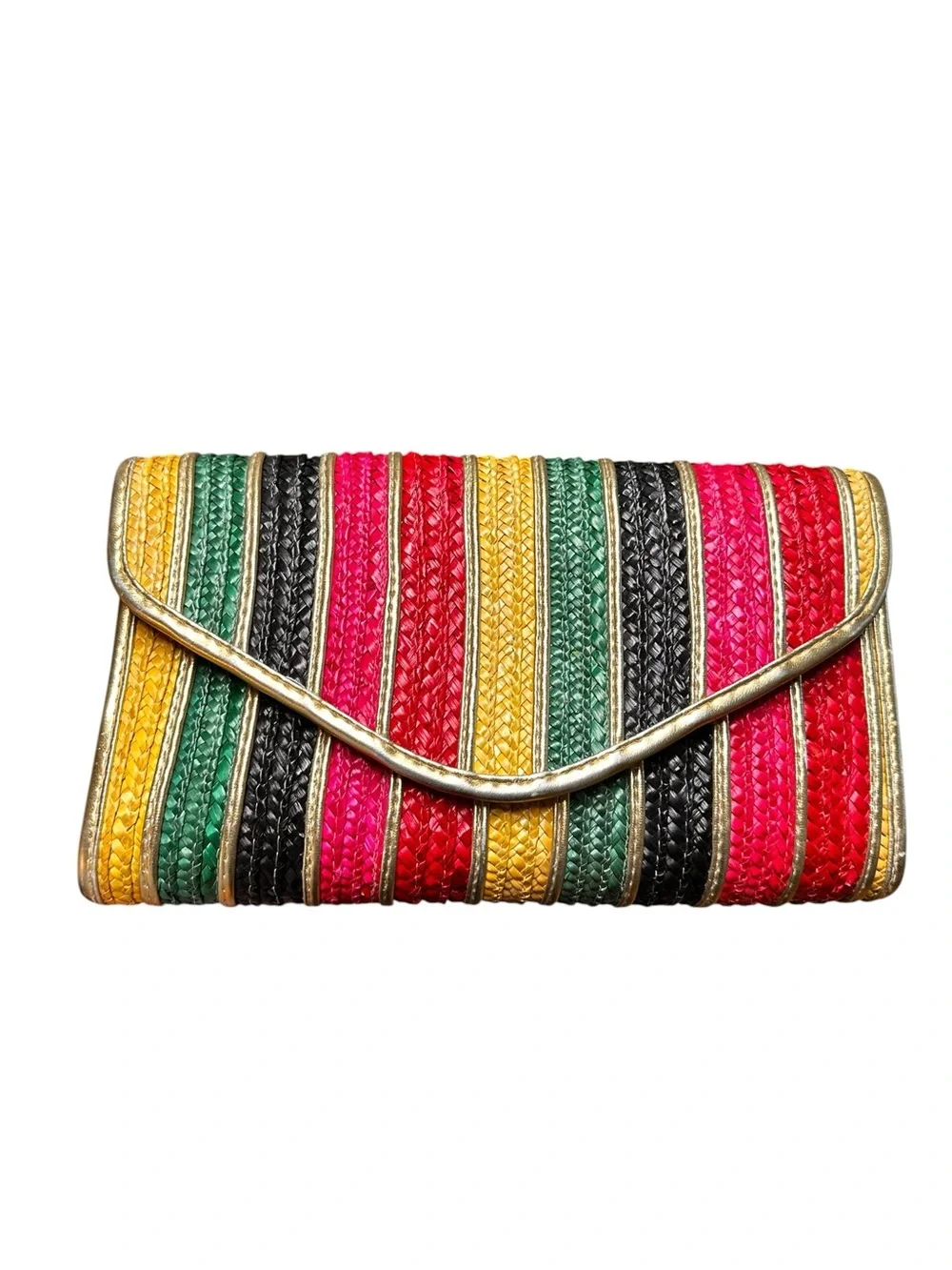 Vintage Rainbow &  Gold Woven Raffia Straw Envelope Clutch Resort